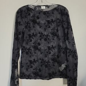 Abercrombie & Fitch Black Sheer Velvet Burnout Y2K Long-Sleeve Top, Conert